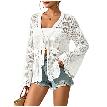 Women Tie Front Knit Cardigan Bell Sleeve Beach Cover Up