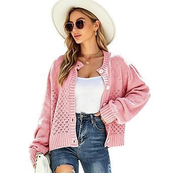 Women's Button Down Cardigan Sweaters Oversized Crewneck Long Sleeve Knit Outerwear Casual Knitwear
