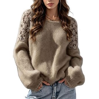 Women Lace Trim Fuzzy Knit Sweater Casual Crewneck Crochet Lace Long Sleeve Soft Pullover Sweaters