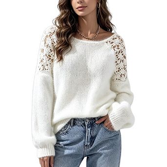 Women Lace Trim Fuzzy Knit Sweater Casual Crewneck Crochet Lace Long Sleeve Soft Pullover Sweaters