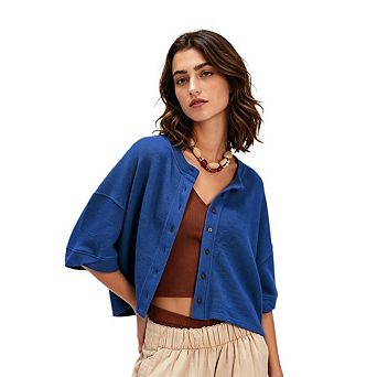 Womens Loose Fit Open Front Thin Lightweight Tee Drop Shoulder 3/4 Wide Sleeve Y2K Cardigan Crop Top
