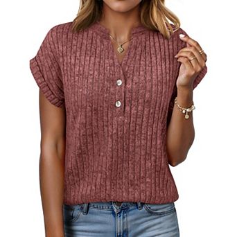 Women Tops Summer Sweaters Short Sleeve V Neck Henley Shirts Dressy Button Blouses