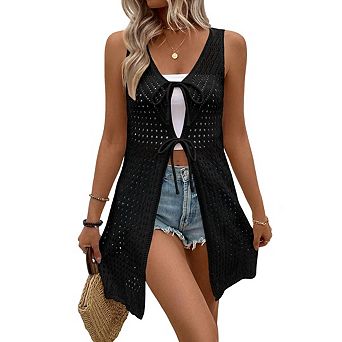 Women Crochet Knitted Beach Cover up Shirt Casual Loose Open Tie Front Tank Tops Summer Knit Vests