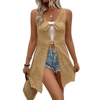 Women Crochet Knitted Beach Cover up Shirt Casual Loose Open Tie Front Tank Tops Summer Knit Vests