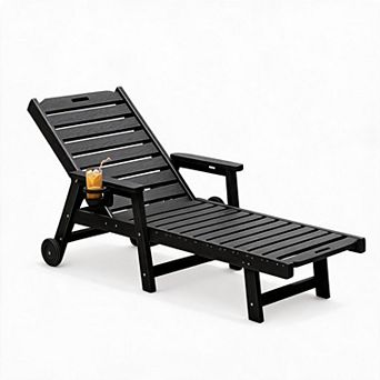78 in Heavy Duty HDPE Outdoor Chaise Lounge 5 Position Recliner Cup Holder Wheels Weather Resistant