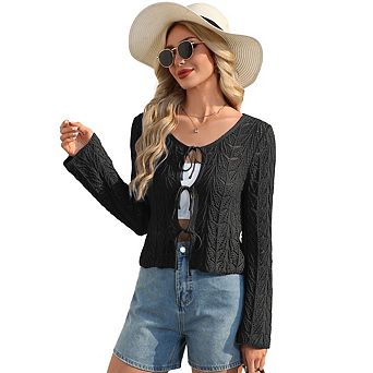 Women's Bell Long Sleeve Crop Kint Cardigan V Neck Tie Front Lightweight Hollow Crochet Cardigans