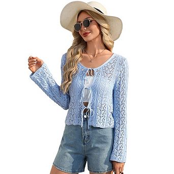 Women's Bell Long Sleeve Crop Kint Cardigan V Neck Tie Front Lightweight Hollow Crochet Cardigans