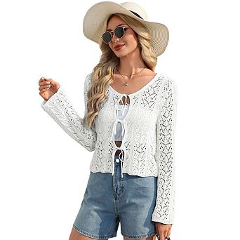 Women's Bell Long Sleeve Crop Kint Cardigan V Neck Tie Front Lightweight Hollow Crochet Cardigans