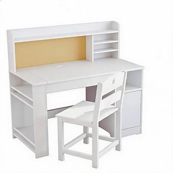 Adjustable Wooden Kids Desk and Chair Set with Hutch, Tiltable Desktop & Storage Cabinet