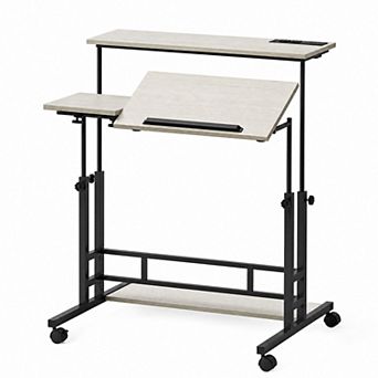 Standing Desk with Power Outlets, Height Adjust, Tilt Top, Lock Wheels, Shelf for Home Office
