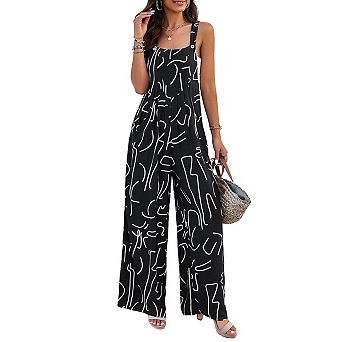 Women Adjustable Strap Abstract Print Loose Wide Leg Overalls Jumpsuit