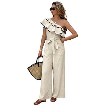 Women Contrast Trim One Shoulder Ruffle Self Tie Wide Leg Jumpsuit