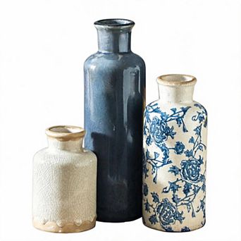 Vintage Chinese Blue Floral Ceramic Vase Set of 3 for Living Room Desk Office Decor