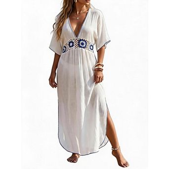 Women's V Neck Side Split Short Sleeve Midi Beach Dress