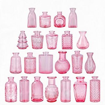 Set of 22 Pink Vintage Small Glass Vases for Floral Arrangements Party Home Table Decor