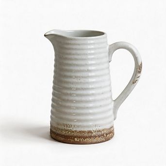 White Distressed Handled Ceramic Pitcher Vase Farmhouse Decor for Table Shelf