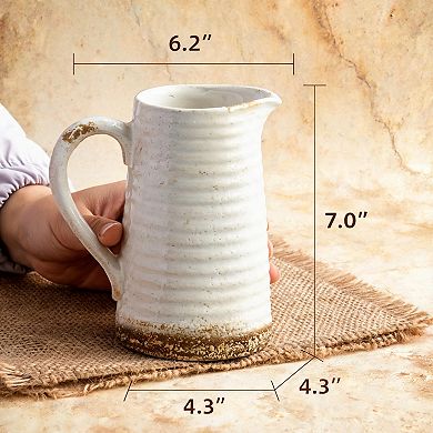 White Distressed Handled Ceramic Pitcher Vase Farmhouse Decor for Table Shelf