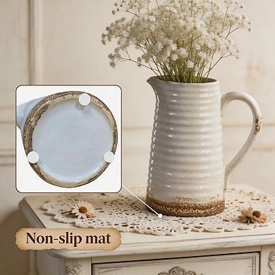 White Distressed Handled Ceramic Pitcher Vase Farmhouse Decor for Table Shelf