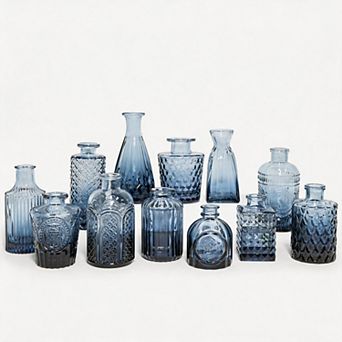 Set of 12 Mini Vintage Blue Glass Vases for Table Wedding Party Decor