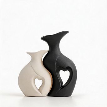 Set of 2 Black White Heart Hollow Ceramic Vases Nordic Boho Decor