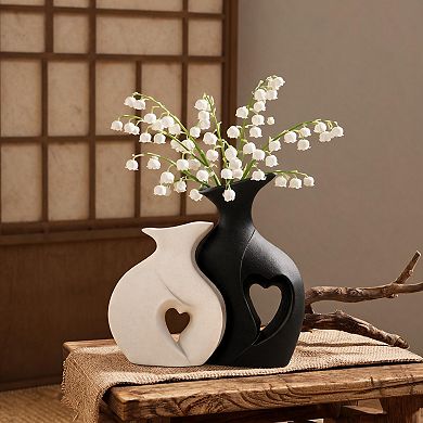 Set of 2 Black White Heart Hollow Ceramic Vases Nordic Boho Decor