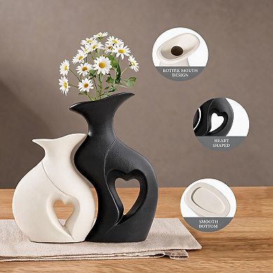 Set of 2 Black White Heart Hollow Ceramic Vases Nordic Boho Decor