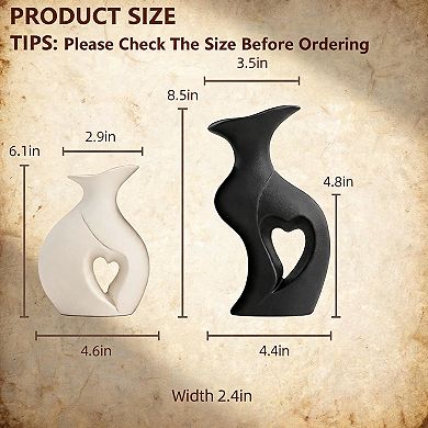 Set of 2 Black White Heart Hollow Ceramic Vases Nordic Boho Decor
