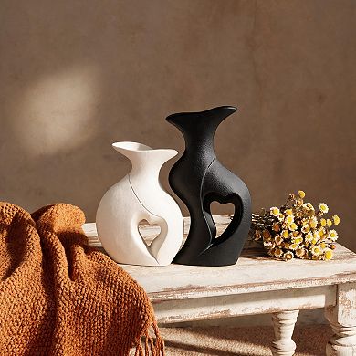 Set of 2 Black White Heart Hollow Ceramic Vases Nordic Boho Decor