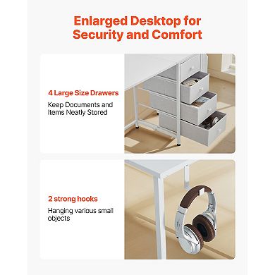 VEVOR Computer Desk with Fabric Drawers, 47 Inch Reversible Study Work Writing Desk, White