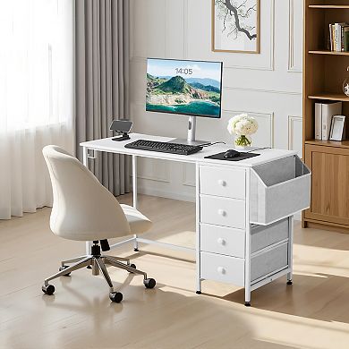 VEVOR Computer Desk with Fabric Drawers, 47 Inch Reversible Study Work Writing Desk, White