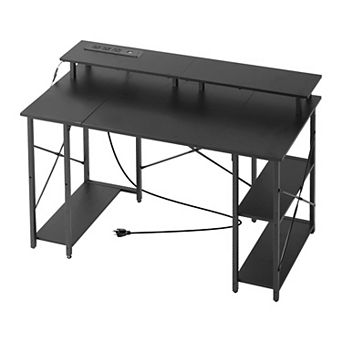 VEVOR 47" Gaming Desk with LED Lights & Power Outlets, Computer Desk with Monitor Stand, Black