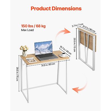 VEVOR Folding Desk, 31.5" Foldable Table for Small Spaces with Storage Hooks, Oak
