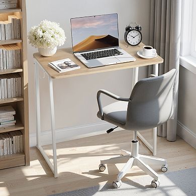 VEVOR Folding Desk, 31.5" Foldable Table for Small Spaces with Storage Hooks, Oak