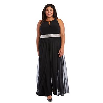 Plus Size R&M Richards Rhinestone-Waist Cutaway Jumpsuit with Chiffon Overlay