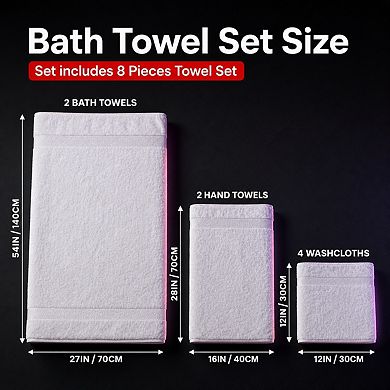 Luxury Super Soft Absorbent Quick Drying 8-Pack Ring Spun Cotton Towels for Home Gym Spa