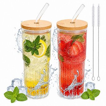 32oz Ribbed Glass Tumbler Set With Lids Straws And Brush For Iced Coffee Boba