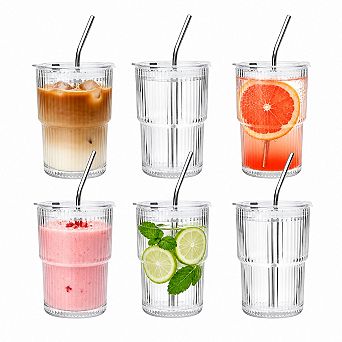 6 Pack 13oz Ribbed Glass Tumbler Set With Lids Straws For Iced Coffee Smoothie