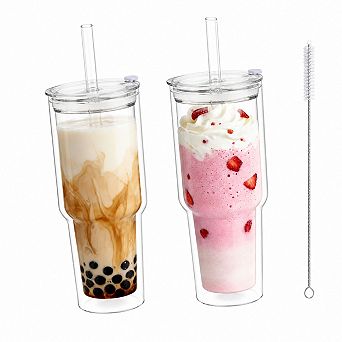 28 Oz Double Wall Borosilicate Glass Tumbler Set Of 2 With Wide Straws For Iced Coffee Boba Tea