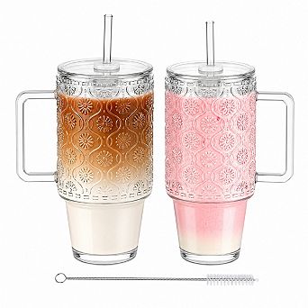 24oz Ribbed Glass Tumbler 2 Pack With Handle Lid Straw Reusable Cold Hot Beverage Cup