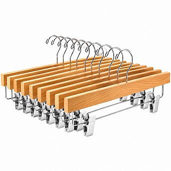 10 Pack Heavy Duty Wooden Pants Hangers With Adjustable Metal Clips