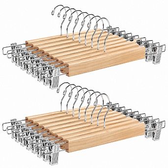 24 Pack Solid Wooden Pant Skirt Hangers with Adjustable Anti Rust Clips