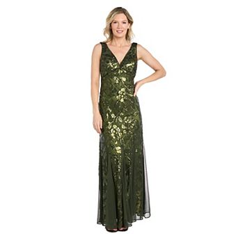 Petite R&M Richards Floral Sequin Beaded V-Neck Evening Dress