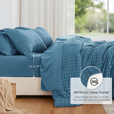 Seersucker Queen Comforter Set,7Piece All Season Lightweight Bed in a Bag Bedding Set with Comforter