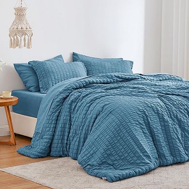 Seersucker Queen Comforter Set,7Piece All Season Lightweight Bed in a Bag Bedding Set with Comforter