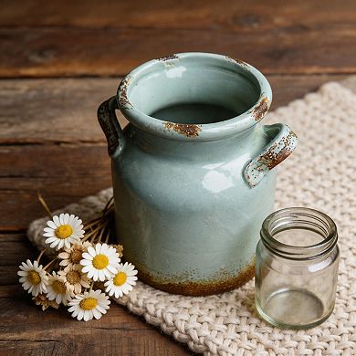 Green Boho Distressed Ceramic Vase Rustic Style Decor