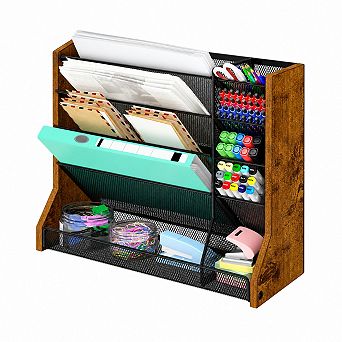 Ironwood Wall File Organizer Hanging or Standing Desk Tray with Divider Pen Slots for Office Home