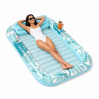 Inflatable Tanning Pool Lounger Float 6 in 1 Multi use Water Bed with Cup Holders