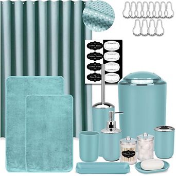 Blue 24 pc Waffle Shower Curtain Bath Rugs Bathroom Kit For Home Dorm Hotel Housewarming Gift