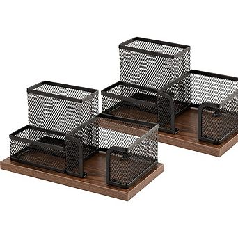 Wood and Mesh Desk Organizer with Sticky Notes Holder and 3 Compartments