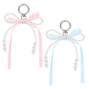 2 pc Pearl Bow Keychain, Y2k Aesthetic Imitation Pearl Bowknot Ribbon Keyring